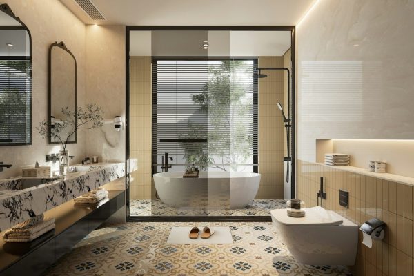 Modern bathroom with bathtub and toilet